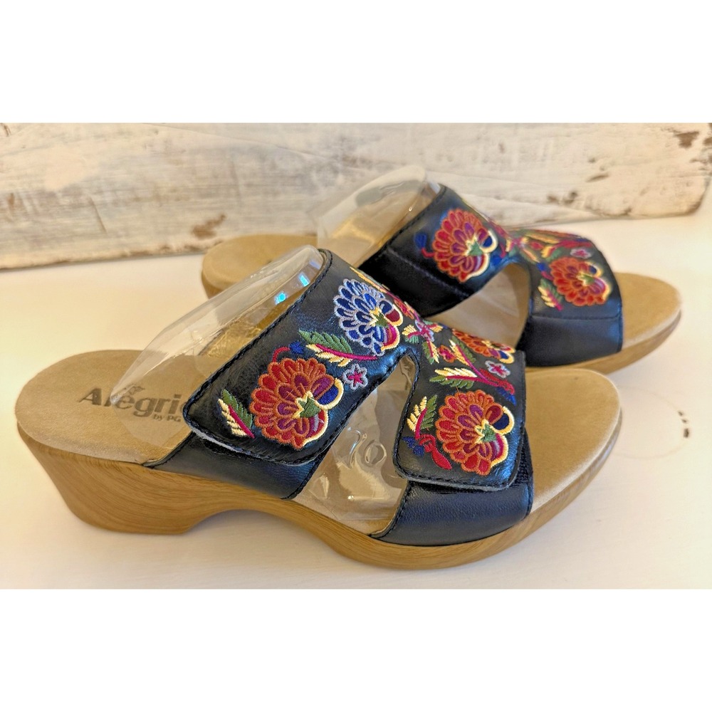 Alegria LIN-601N Sandals Womens Size‎ 10 Black Floral Embroidered Wedge Slide